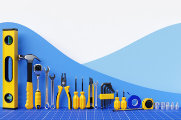 Wall Mural - Construction tools. Hand tool for home repair and construction. wrench, cutter, electrical tape, ratchet, pliers, level  тo the row. 3D illustration