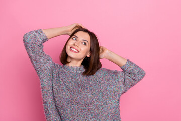 Wall Mural - Photo of dreamy pretty lady dressed sweater looking empty space isolated pink color background