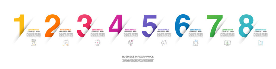 Modern vector flat illustration. Line infographic numbers template with eight elements, icons. Timeline designed for business, presentations, web design, interface, diagrams with 8 steps