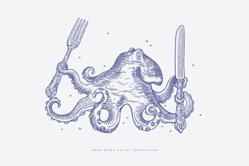 Wall Mural - Octopus holds a fork and a knife with its tentacles. Sea creature in vintage engraving style. Retro picture for the menu of fish restaurants, markets and shops. Vector illustration.