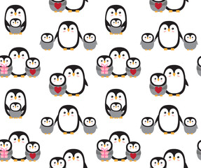 Vector seamless pattern of flat hand drawn penguin mom and baby isolated on white background