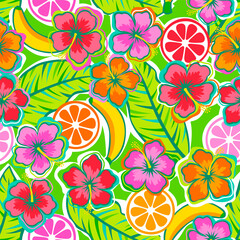 Colorful hibiscus, fruits and tropical leaf seamless pattern for summer holidays background.