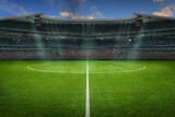 Fototapeta  - textured soccer game field with neon fog - center, midfield