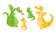 Set of Cute Dragons with Green and Yellow Skin. Fairytale Mythology Fire-breathing Amphibians and Reptiles With Wings