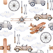 Car Pattern.Retro Cars.Retro Aviation.Baby Pattern For Boys 