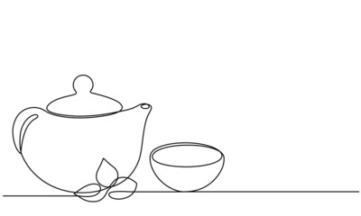 Wall Mural - Teapot and cup. Continuous line drawing. Sketch. Tea leaf. Continuous line drawing. Sketch. Herb tea.