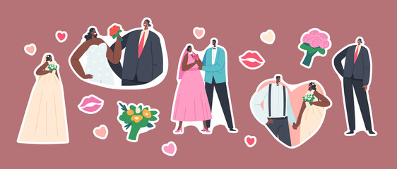 Wall Mural - Set of Stickers African Couples Wedding Ceremony, Contemporary Black Groom and Bride Characters Wear Festive Clothes
