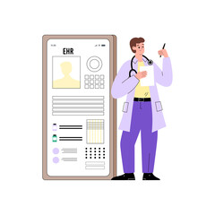 Wall Mural - Doctor making electronic records of patients health, flat vector isolated.