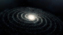 Abstract Animation Of Spiral Galaxy Rotation In Space With Billion Of Stars On The Black Background. Animation. Particles Glowing Background