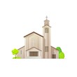 Catholic church or temple building icon, Christian religion cathedral, vector architecture. Catholic, evangelic or protestant church chapel, religious shrine of God and Jesus with cross on campanile