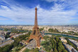 Panoramic aerial view of the Eiffel Tower and Champ de Mars in Paris, France.