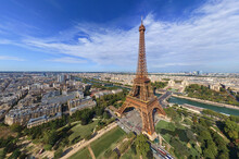 Panoramic Aerial View Of The Eiffel Tower And Champ De Mars In Paris, France.
