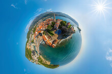 Panoramic 360 Degrees Aerial View Of Budva Old Town, Montenegro.