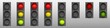 Traffic lights with red, yellow and green led lamps. Road semaphore, signal system for safety driving control. Vector realistic set of traffic regulation system on street with pedestrian crosswalk