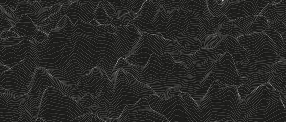 Abstract background with distorted line shapes on a black background. Monochrome sound line waves.