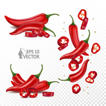 Set Of Red Fresh Chili Peppers, Falling Pepper Slieces, Natural Hot Spices, 3d Realistic Vector Illustration
