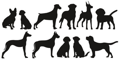 dogs set silhouette, on white background, isolated, vector