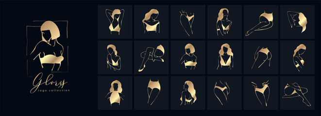 Wall Mural - contemporary feminine illustration. golden woman in minimal paper cut mosaic style. fashion illustra