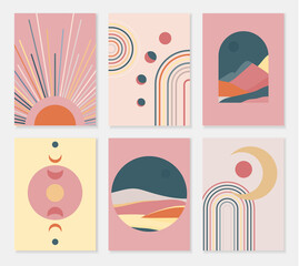 Set of abstract contemporary posters with sun moon and landscape in boho style. Mid century minimalist background for home decoration, wall decor or covers. Vector