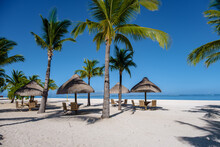 Le Morne Beach Mauritius Tropical Beach With Palm Trees And White Sand Blue Ocean And Beach Beds With Umbrellas, Sun Chairs, And Parasols Under A Palm Tree At A Tropical Beach. Mauritius Le Morne
