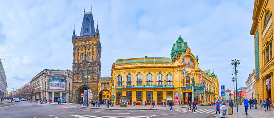 Sticker - Architecture of Republic Square with Powder Tower and Municipal House, Prague, Czech Republic