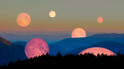 Wall Mural - Many moons rise above the blue mountains 