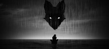 Woman Black Silhouette Sitting Alone In The Rain Abstract Black Dog Depression Mental Health Black And White Cloudy Sky 3d Illustration Render
