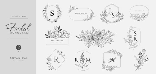 Wall Mural - set of wedding monogram, botanical floral branch and logo. hand drawn wedding herb, homeplant with e