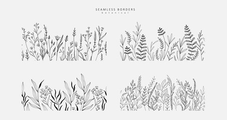 Wall Mural - Luxury botanical background with trendy wildflowers and minimalist flowers for wall decoration or wedding. Hand drawn line herb, elegant leaves for invitation save the date card. Botanical