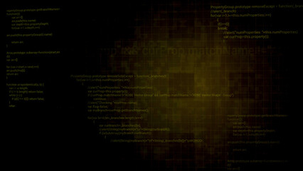 Moving inside the digital computer cyberspace. Motion. Programming data code text and futuristic HUD elements appear on a dark background.