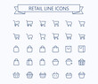 Shopping cart, shopping bag and grocery basket vector outline mini line icons set. 24x24 px. Pixel Perfect. Editable stroke.
