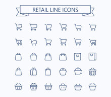 Shopping Cart, Shopping Bag And Grocery Basket Vector Outline Mini Line Icons Set. 24x24 Px. Pixel Perfect. Editable Stroke.
