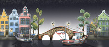 Watercolor Illustration Of A Panorama Of An Old European City At Night. With Bridges, Lanterns, Boats On The River. For Design, Decoration Of Postcards, Banners, Souvenirs, Posters, Prints.