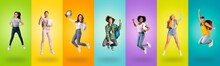 Joyful Multiracial Students Jumping Up On Colorful Backgrounds, Collection