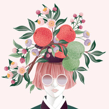 Vector Illustration Of A Girl With Short Hair Decorated With Flowers And Apples. Frame, Poster, Greeting Card, And Invitation Design	