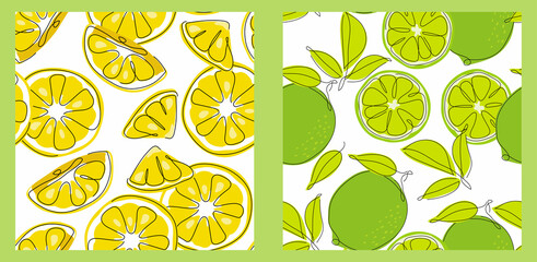 Wall Mural - Set of collection seamless pattern with lime, bergamot, lemon citrus element fruits. Vector illustration collection tropical exotic food.