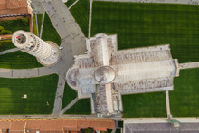 Pisa, Tuscany - 25 April 2022: Aerial View Of Pisa Leaning Tower With The Cathedral In Pisa, Tuscany, Italy.