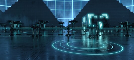 Wall Mural - Futuristic cyber city in blue neon lights. Wet black road with concentric neon circles. Wallpaper in a style of cyberpunk. City of a future. Cyber industrial cityscape. 3D illustration.