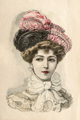 Woman wearing vintage hat dress fashion engraving Paris