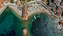 Aerial View Of Beach And Fishing Boats, Komiza, Island Vis, Croatia.