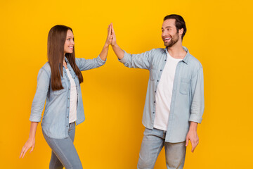 Sticker - Profile photo of funky millennial brown hairdo couple high five wear trend cloth isolated on yellow background