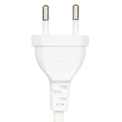 Closeup shot of an electric power supply cord with a European plug on a white background