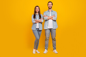 Poster - Photo of charming cheerful sister brother dressed denim shirts arms crossed smiling isolated yellow color background