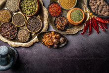 Top View Of Various Indian Spices And Seasonings On A Table