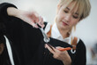 © chokniti - professional hairdresser person doing haircut for woman client in beauty fashion salon, hair care coiffure style concept, beautician female work with cut scissors to comb in barber, hairstylist tool