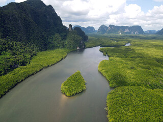 Sticker - Beautiful view of the water with green hills. Ao Thalane, Krabi Province, Thailand.