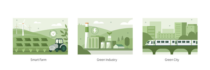 Wall Mural - Sustainability illustration set. Electric power industry station, green agriculture farm with windmills and solar energy panels and modern city with eco-friendly transportation. Vector illustration.