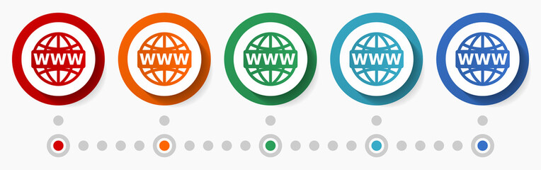 Aufkleber - Web, www concept vector icon set, infographic template, flat design colorful web buttons in 5 color options