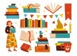 Book store. Woman reader. Bookshelf with vintage covers row and bookmarks. Textbook stacks and piles. Color printed product. Fairy tales and fiction literature. Vector library elements set