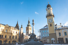 Square With Marian Column, Clock Tower And Town Castle In Banska Bystrica, Slovakia